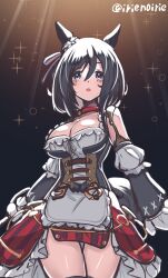 Rule 34 | 1girl, :o, animal ears, black hair, blue eyes, breasts, choker, cleavage, detached sleeves, dirndl, dress, ear ornament, eishin flash (umamusume), frilled dress, frills, german clothes, hair between eyes, highres, horse ears, horse girl, horse tail, irie keisuke (handn), large breasts, long sleeves, looking at viewer, open mouth, shiny skin, short hair, solo, sparkle, tail, thigh gap, thighs, twitter username, umamusume