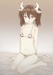 Rule 34 | 1girl, alternate costume, animal ears, animal print, barefoot, bikini, blush, breasts, brown background, commentary request, cow ears, cow print, cow tail, fake animal ears, fake horns, hair between eyes, highres, horns, kantai collection, long hair, looking at viewer, micro bikini, nito (nshtntr), parted lips, revision, ryuujou (kancolle), side-tie bikini bottom, simple background, sitting, small breasts, solo, swimsuit, tail, twintails