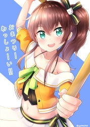 Rule 34 | 1girl, :d, aqua eyes, arm up, bare shoulders, black bow, black camisole, blue background, blush, bow, brown hair, camisole, cat hair ornament, collarbone, commentary request, dual wielding, green bow, hair between eyes, hair ornament, highres, holding, hololive, jacket, long hair, looking at viewer, midriff, nail polish, natsuiro matsuri, natsuiro matsuri (1st costume), navel, off-shoulder jacket, off shoulder, open mouth, orange jacket, pink nails, pinstripe camisole, pinstripe pattern, pleated skirt, puffy short sleeves, puffy sleeves, short sleeves, side ponytail, sidelocks, skirt, smile, solo, striped, striped bow, striped camisole, sylphine, teeth, translation request, twitter username, two-tone background, upper teeth only, vertical stripes, virtual youtuber, white background, white skirt