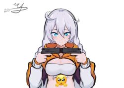 Rule 34 | 1girl, blue eyes, blush, braid, breasts, cleavage, closed mouth, commentary, dual wielding, english commentary, eruda erudia, grey hair, gun, hair between eyes, handgun, hands up, highres, holding, holding gun, holding weapon, honkai (series), honkai impact 3rd, imitating, kiana kaslana, long hair, long sleeves, looking at viewer, low twintails, medium breasts, puffy long sleeves, puffy sleeves, shrug (clothing), signature, simple background, sleeves past wrists, solo, twin braids, twintails, twitter username, upper body, wavy mouth, weapon, white background