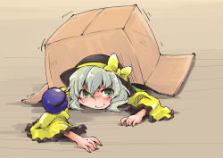 Rule 34 | 1girl, bow, box, cardboard box, crawling, green eyes, hat, hat bow, hiding, in box, in container, komeiji koishi, long sleeves, looking at viewer, metal gear (series), metal gear solid, shinapuu, shirt, silver hair, smile, solo, third eye, touhou, wide sleeves