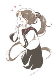 Rule 34 | 10s, 1girl, ayanami (kancolle), brown hair, cowboy shot, earrings, from side, hair ornament, hair ribbon, jewelry, kantai collection, long hair, lowres, profile, ribbon, school uniform, serafuku, side ponytail, simple background, sketch, solo, sou tamae, uniform, white background