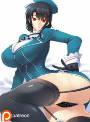 Rule 34 | 10s, 1girl, beret, black gloves, black hair, black thighhighs, breasts, covered erect nipples, garter straps, gloves, haganef, hat, kantai collection, large breasts, looking at viewer, lying, military, military uniform, on side, panties, pantyshot, red eyes, short hair, smile, solo, takao (kancolle), thighhighs, underwear, uniform