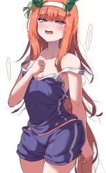 Rule 34 | ..., 1girl, absurdres, alternate costume, animal ears, blue eyes, blunt bangs, blush, breasts, clenched hands, collarbone, commentary request, embarrassed, highres, hime cut, itosu200, long hair, looking at viewer, orange hair, oversized clothes, silence suzuka (umamusume), small breasts, sweat, swimsuit, umamusume, white background