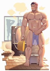Rule 34 | 3boys, absurdres, backlighting, bara, barefoot, bath stool, bathhouse, black hair, blush, bucket, collarbone, covering privates, covering crotch, dripping, facial hair, facing viewer, goatee, highres, holding, holding bucket, holding towel, indoors, large pectorals, linea alba, looking to the side, male focus, male pubic hair, minoru (jxgn4877), multiple boys, muscular, muscular male, navel, navel hair, nipples, nude cover, original, pectorals, penis, pubic hair, see-through, short hair, shower head, solo focus, standing, steam, stool, tile floor, tiles, towel, wet, wet towel