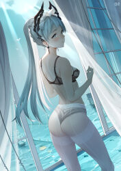 Rule 34 | 1girl, absurdres, arknights, artist name, ass, black bra, blush, bra, braid, breasts, chinese commentary, commentary request, curtains, d. joko, frilled headwear, grey eyes, grey hair, high ponytail, highres, indoors, irene (arknights), irene (voyage of feathers) (arknights), lace, lace bra, lace panties, looking at viewer, looking back, maid headdress, medium breasts, mixed-language commentary, ocean, open window, panties, pantyhose, parted lips, scar, scar across eye, ship, simple bird, solo, sword earrings, thighband pantyhose, underwear, watercraft, white headdress, white pantyhose, window