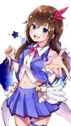 Rule 34 | 1girl, blue eyes, blue skirt, blue vest, blush, breasts, brown hair, collared shirt, commentary, cowboy shot, hair between eyes, hair ornament, hair ribbon, highres, hololive, long hair, looking at viewer, medium breasts, midriff, miniskirt, navel, neck ribbon, open mouth, outstretched hand, pleated skirt, reaching, reaching towards viewer, red ribbon, ribbon, shirt, simple background, skirt, sleeveless, smile, solo, star (symbol), star hair ornament, tokino sora, tokino sora (1st costume), vest, virtual youtuber, waist cape, white background, white shirt, wing collar, wrist cuffs, yuyaiyaui