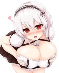 Rule 34 | 1girl, anchor necklace, azur lane, bananana1, blush, breasts, choker, cleavage, frilled choker, frilled skirt, frills, full-face blush, hands on own breasts, heart, heart-shaped pupils, highres, leaning forward, legs together, maid, maid headdress, necklace, red eyes, short hair, sidelocks, sirius (azur lane), skirt, symbol-shaped pupils, thighs, white background, white hair