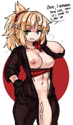 Rule 34 | 1girl, absurdres, black gloves, blonde hair, breasts, breasts out, cleavage, clothes pull, english text, fate/apocrypha, fate/grand order, fate (series), flaccid, full-length zipper, futanari, gloves, green eyes, hair ornament, hair scrunchie, highres, hot, huge penis, looking at viewer, medium breasts, medium hair, mordred (fate), navel, nervous sweating, nipples, no panties, out-of-frame censoring, penis, ponytail, red scrunchie, scrunchie, sleeves pushed up, solo, speech bubble, standing, strapless, sweat, tube top, tube top pull, unzipped, veins, veiny penis, very sweaty, when you see it, wiping face, zanamaoria, zipper