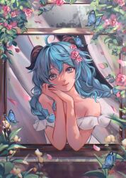Rule 34 | 1girl, ahoge, artist name, bare shoulders, blue butterfly, blue hair, braid, breasts, bug, butterfly, chikenryice, closed mouth, collarbone, dress, flower, ganyu (genshin impact), genshin impact, hair between eyes, hair flower, hair ornament, hair scrunchie, highres, horns, indoors, insect, long hair, looking at viewer, off-shoulder dress, off shoulder, plant, scrunchie, small breasts, smile, solo