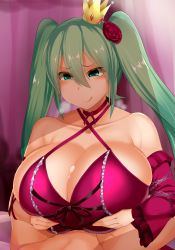Rule 34 | 1girl, :q, bare shoulders, breasts, cleavage, collarbone, cum, detached sleeves, facominn, gloves, green eyes, green hair, hatsune miku, highres, huge breasts, long hair, paizuri, paizuri under clothes, red gloves, smile, solo focus, tongue, tongue out, vocaloid