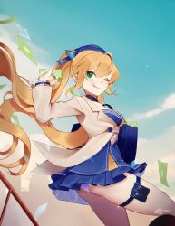 Rule 34 | 1girl, :p, anntan, blonde hair, blue dress, blue headwear, blue sky, dokibird (vtuber), dress, floating hair, green eyes, highres, holding, holding jewelry, holding necklace, indie virtual youtuber, jacket, jewelry, long hair, long sleeves, looking at viewer, money, necklace, one eye closed, panties, short dress, sky, solo, thigh strap, tongue, tongue out, twintails, underwear, virtual youtuber, white jacket