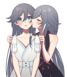Rule 34 | 2girls, :o, alternate costume, black dress, blue eyes, blush, breasts, closed eyes, closed mouth, collarbone, dress, fu hua, fu hua (herrscher of sentience), grey hair, hair between eyes, hand on another&#039;s shoulder, highres, honkai (series), honkai impact 3rd, kiss, kissing cheek, long hair, multicolored hair, multiple girls, open mouth, simple background, sleeveless, small breasts, smile, streaked hair, upper body, white background, white dress, yunomi (yunomi hs), yuri