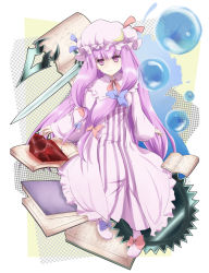 Rule 34 | 1girl, akinoemo, book, bow, bubble, circular saw, crescent, crystal, female focus, full body, hair bow, hat, highres, knife, long hair, patchouli knowledge, purple eyes, purple hair, saw, smile, solo, striped, sword, touhou, very long hair, weapon
