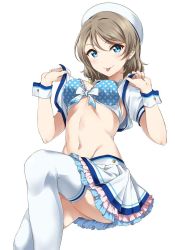 Rule 34 | 1girl, :p, bikini, blue bikini, blue eyes, bra, breasts, brown hair, cleavage, earrings, hat, highres, jewelry, looking at viewer, love live!, love live! school idol festival, love live! sunshine!!, md5 mismatch, medium breasts, navel, necklace, open clothes, sailor hat, simple background, skirt, smile, solo, surfing orange, swimsuit, thighhighs, tongue, tongue out, underwear, watanabe you, white background