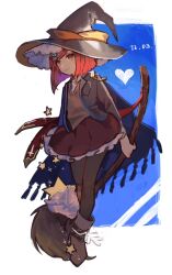 Rule 34 | 1girl, blue background, broom, brown hat, brown pantyhose, brown vest, collared shirt, danganronpa (series), danganronpa v3: killing harmony, dated, full body, grey shirt, hair ornament, hat, highres, holding, holding broom, jacket, open clothes, open jacket, pantyhose, pleated skirt, red hair, red skirt, shi chimi, shiny clothes, shirt, shoes, short hair, skirt, solo, star (symbol), vest, white background, witch hat, yumeno himiko