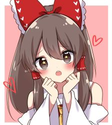 Rule 34 | + +, 1girl, artist name, bare shoulders, blush, border, bow, brown eyes, brown hair, collar, collared dress, detached sleeves, dress, eyes visible through hair, hair between eyes, hair ornament, hair tubes, hakurei reimu, hands up, heart, heart print, highres, long sleeves, looking at viewer, medium hair, necktie, open mouth, pink background, red bow, red dress, shinonome asu, simple background, solo, star-shaped pupils, star (symbol), symbol-shaped pupils, teeth, touhou, white border, wide sleeves, yellow necktie