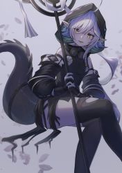 Rule 34 | 1girl, arknights, bare shoulders, beef (artist), black gloves, black shirt, black sleeves, black thighhighs, braid, commentary, crocodilian tail, detached sleeves, dress, eyewear around neck, feet out of frame, gloves, grey background, hair between eyes, highres, holding, holding staff, hood, hood up, hooded dress, invisible chair, looking at viewer, lower teeth only, medium hair, open mouth, partially fingerless gloves, pointy ears, ribbon, round eyewear, shirt, simple background, single braid, sitting, sleeveless, sleeveless dress, solo, staff, tail, tail strap, teeth, thighhighs, tomimi (arknights), torn clothes, torn shirt, torn thighhighs, white ribbon, yellow eyes