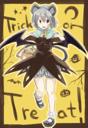 Rule 34 | 1girl, animal ears, basket, bat wings, black dress, black gloves, bloomers, brown eyes, candy, capelet, dress, fang, female focus, food, framed, gloves, grey hair, halloween, halloween costume, highres, jewelry, mary janes, mouse ears, mouse tail, nazrin, open mouth, outside border, pendant, sape (saperon black), shoes, short hair, smile, solo, tail, touhou, trick or treat, underwear, wings
