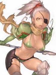 Rule 34 | 1girl, bikini, bikini top only, breasts, covered erect nipples, eyepatch, fumio (rsqkr), gloves, grey hair, long hair, qq selesneva, simple background, solo, swimsuit, tales of (series), tales of innocence, tales of innocence r, white background, yellow eyes