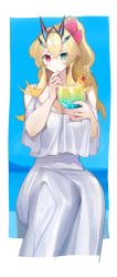 Rule 34 | 1girl, bare shoulders, blonde hair, breasts, cleavage, cup, dress, drinking glass, barghest (fate), fate/grand order, fate (series), green eyes, highres, horns, large breasts, long hair, looking at viewer, ponytail, short sleeves, solo, tan (inka), white dress