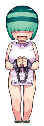 Rule 34 | 1girl, bare arms, bare shoulders, bdsm, bondage, bound, chain, chibi, collar, commentary request, covered eyes, cuffs, facing viewer, green hair, green nails, hair over eyes, hamada yoshikazu, highres, nail polish, official art, open mouth, own hands together, shackles, short hair, simple background, slave, slave clothes, solo, sosogu (tsugumomo), toenails, tsugumomo, white background