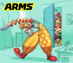 Rule 34 | 5girls, arms (game), blue eyes, bow, clown, clown nose, dark skin, dark-skinned female, door, earrings, facepaint, gloves, green background, green eyes, hair bow, hand on own hip, highres, jewelry, lola pop, mechanica (arms), min min (arms), multicolored hair, multiple girls, nintendo, official art, open mouth, orange hair, peeking, purple eyes, ribbon girl (arms), smile, stretching, table, twintelle (arms), two-tone hair, white gloves, yamamoto yuu
