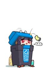 Rule 34 | ..., 1girl, ^^^, animal ears, black gloves, black hair, blue archive, can, chibi, fake animal ears, gloves, halo, in trash can, leaf, miyu (blue archive), open mouth, pjman, rabbit ears, red eyes, solo, speed lines, spoken ellipsis, tearing up, thermos, trash can
