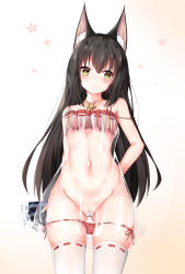 Rule 34 | 1girl, absurdres, animal ear fluff, animal ears, arms behind back, azur lane, ballot, bare arms, bare shoulders, bikini, bikini pull, black hair, blush, breasts, brown background, closed mouth, clothes pull, collarbone, commentary request, fox ears, gameplay mechanics, gluteal fold, gradient background, groin, hair between eyes, head tilt, highres, holding, long hair, looking at viewer, maebari, nagato-chan, nagato (azur lane), nagato (great fox&#039;s respite) (azur lane), navel, partially visible vulva, red bikini, ribbon-trimmed legwear, ribbon trim, see-through, side-tie bikini bottom, small breasts, smile, solo, swimsuit, thighhighs, very long hair, white background, white thighhighs, yellow eyes