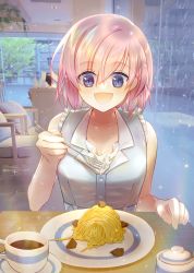 Rule 34 | 1girl, :d, absurdres, blue eyes, blush, breasts, eyes visible through hair, fate/grand order, fate (series), food, goo-yan (ogura tomomi), highres, mash kyrielight, medium breasts, mont blanc (food), open mouth, pink hair, short hair, smile, solo