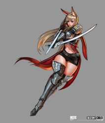 Rule 34 | 1girl, absurdres, animal ears, armor, black gloves, black panties, black thighhighs, blue eyes, breasts, cleavage, copyright name, dae jun park, destiny child, dual wielding, elbow gloves, full body, gloves, gluteal fold, greaves, grey background, highres, holding, large breasts, leg up, light brown hair, lips, long hair, md5 mismatch, microskirt, midriff, miniskirt, navel, original, panties, pauldrons, pencil skirt, resolution mismatch, saber (weapon), shoulder armor, sidelocks, simple background, skirt, smile, solo, source smaller, swept bangs, sword, tail, thigh gap, thigh strap, thighhighs, underwear, vambraces, very long hair, weapon