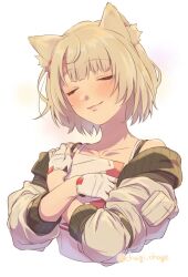 Rule 34 | 1girl, animal ears, cat ears, chagi chage, closed eyes, cropped torso, diary, fingerless gloves, gloves, grey hair, grey jacket, highres, jacket, mio (xenoblade), hugging object, pocket, smile, twitter username, xenoblade chronicles (series), xenoblade chronicles 3