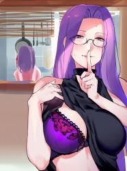 Rule 34 | 2girls, apron, bare shoulders, window blinds, blouse, blush, bra, breasts, cleavage, clothes lift, commentary, cooking oil, eyes visible through hair, eyewear visible through hair, fate/stay night, fate (series), finger to mouth, frying pan, glasses, hair ribbon, indoors, kitchen, lace, lace-trimmed bra, lace trim, ladle, large breasts, long hair, looking at viewer, matou sakura, medusa (fate), medusa (rider) (fate), multiple girls, narrowed eyes, negresco, parted lips, pink shirt, purple bra, purple eyes, purple hair, red ribbon, ribbon, shirt, shirt lift, sleeveless, sleeveless sweater, spatula, square pupils, sweat, sweater, tongs, turtleneck, turtleneck sweater, underwear