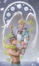 Rule 34 | 2boys, abs, angel wings, bare shoulders, battle tendency, blonde hair, blue eyes, brown hair, bubble, caesar anthonio zeppeli, chest protector, crop top, crying, facial mark, feather hair ornament, feathers, fingerless gloves, gloves, green eyes, green scarf, groin, hair ornament, headband, highres, homil22, jojo no kimyou na bouken, joseph joestar, joseph joestar (young), male focus, midriff, multiple boys, partially submerged, scarf, stained glass, striped clothes, striped scarf, tears, triangle print, wings