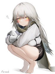 Rule 34 | 1girl, absurdres, arknights, bare legs, barefoot, black shorts, blush, breasts, brown cape, cape, character name, closed mouth, fartooth (arknights), feather hair, gauntlets, grey shirt, high-waist shorts, highres, long hair, long sleeves, looking at viewer, medium breasts, no headwear, shirt, short shorts, shorts, silver hair, simple background, smile, solo, squatting, tab head, very long hair, white background, yellow eyes