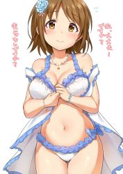 Rule 34 | 10s, 1girl, babydoll, belly, blue bow, blush, bow, bracelet, breasts, brown eyes, brown hair, cleavage, cowboy shot, earrings, flower, flying sweatdrops, frills, hair flower, hair ornament, heart, highres, idolmaster, idolmaster cinderella girls, jewelry, large breasts, looking at viewer, mimura kanako, navel, necklace, panties, shiny skin, short hair, simple background, smile, solo, sweatdrop, takeashiro, thick thighs, thigh gap, thighs, translation request, underwear, wavy mouth, white background