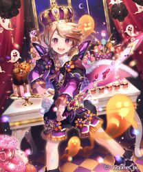 Rule 34 | 1boy, :d, black footwear, blonde hair, blush, bow, braid, butterfly wings, cake, candy, cape, checkered floor, crescent moon, crown, curtains, doughnut, food, ghost, hair over shoulder, halloween, holding, holding sword, holding weapon, indoors, insect wings, jack-o&#039;-lantern, long hair, low-tied long hair, male focus, momoshiki tsubaki, moon, official art, open mouth, pink cape, pink eyes, puffy shorts, pumpkin, purple bow, shingeki no bahamut, shorts, smile, standing, sword, weapon, window, wings