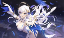 Rule 34 | 1girl, bird, blue eyes, blue feathers, boots, breasts, bridal gauntlets, cleavage, copyright name, dress, feather-trimmed sleeves, feathers, halo, hansum, high heel boots, high heels, highres, hikanari hina, large breasts, long hair, official art, outstretched arms, outstretched hand, pelvic curtain, phase connect, pointy ears, solo, sparkling eyes, virtual youtuber, white bridal gauntlets, white dress, white footwear, white hair, wing hair ornament