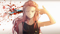 Rule 34 | 1girl, anime coloring, beige background, blood, blood splatter, blurry, closed eyes, collarbone, fake blood, finger gun, finger gun to head, finger to head, frown, light, light particles, long hair, omar enm, original, paint splatter, red hair, simple background, solo, tank top, toned, upper body, wall
