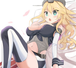 Rule 34 | 10s, 1girl, blonde hair, blue eyes, breasts, chestnut mouth, cleavage, elbow gloves, front-tie top, gloves, hair between eyes, headgear, highres, iowa (kancolle), kantai collection, kugehi, large breasts, long hair, lying, miniskirt, on back, open mouth, sitting, skirt, solo, star-shaped pupils, star (symbol), striped clothes, striped thighhighs, symbol-shaped pupils, thighhighs, vertical-striped clothes, vertical-striped thighhighs