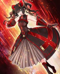 Rule 34 | 1girl, black dress, black footwear, black gloves, black hair, dead aegis, dress, feet out of frame, floating hair, game cg, gloves, green eyes, hair ornament, highres, li canxue, long dress, long hair, open mouth, red lips, sleeveless, sleeveless dress, solo, standing, twintails, ueda metawo