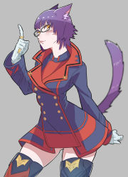 10s 1girl animal_ears blurry boots cat_ears cat_tail depth_of_field facial_mark female_focus final_fantasy final_fantasy_xiv glasses gloves highres imdsound jewelry miqo&#039;te purple_hair ring short_hair simple_background slit_pupils solo tail thigh_boots thighhighs warrior_of_light_(ff14) yellow_eyes