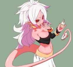 Rule 34 | android 21, breasts, cleavage, colored skin, cupcake, detached sleeves, dragon ball, dragon ball fighterz, eating, food, highres, long hair, majin android 21, nail polish, pink skin, solo, strapless, sumiyao (amam), tail, tube top, white hair