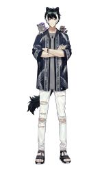 Rule 34 | 1boy, animal, animal ears, animal on shoulder, black footwear, black hair, bracelet, creature, creature on shoulder, crossed arms, dog tags, eyewear on head, fingernails, full body, grey cat, grey shirt, hawaiian shirt, highres, holostars, jackal boy, jackal ears, jackal tail, jewelry, kageyama shien, light smile, looking at viewer, male focus, multicolored hair, namakawa, necktie, official art, on shoulder, pale skin, palm tree print, pants, sandals, sharp fingernails, sharp toenails, shirt, shirt under shirt, short sleeves, solo, standing, straight-on, streaked hair, sunglasses, tail, toenails, torn clothes, torn pants, transparent background, two-tone hair, v-shaped eyebrows, virtual youtuber, white hair, white necktie, white pants, yellow eyes