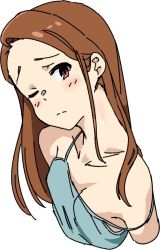 Rule 34 | 1girl, bare shoulders, blush, breasts, brown eyes, brown hair, idolmaster, idolmaster (classic), long hair, looking at viewer, minase iori, momo no suidou-sui, simple background, small breasts, solo, strap slip, white background