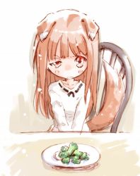 Rule 34 | 00s, 1girl, animal ears, blush, broccoli, broccoli dog, brown hair, chair, derivative work, food, holo, long hair, looking at viewer, meme, plate, red eyes, ribbon trim, shirt, solo, spice and wolf, tail, toto (mockingbird), vegetable, wolf ears, wolf tail