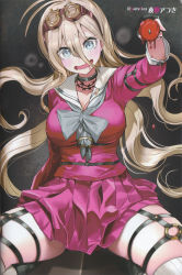Rule 34 | 1girl, barbed wire, blonde hair, blue eyes, blush, breasts, candle, candle wax, choker, cleavage, collarbone, danganronpa (series), danganronpa v3: killing harmony, fingerless gloves, gloves, goggles, goggles on head, hair between eyes, highres, iruma miu, large breasts, long hair, long sleeves, looking at viewer, neckerchief, non-web source, o-ring, o-ring top, open mouth, pleated skirt, scan, school uniform, seiza, serafuku, sitting, skirt, solo, sweat, upper body, very long hair, wavy mouth, yanyo (ogino atsuki)