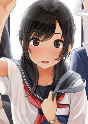 Rule 34 | 1girl, arm up, bag, black hair, black sailor collar, blush, brown eyes, cellphone, cellphone charm, charm (object), commentary request, eyebrows hidden by hair, hair over shoulder, holding strap, kentaurosu, long hair, looking at viewer, low twintails, open mouth, original, phone, red neckwear, sailor collar, school bag, school uniform, serafuku, shirt, short sleeves, smartphone case, solo focus, twintails, upper body, white shirt