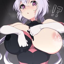 Rule 34 | !?, 1girl, blush, breasts, elbow gloves, from below, gloves, highres, huge breasts, kuro mushi, lactation, lactation through clothes, large breasts, leaking, leotard, long hair, looking at viewer, nipple slip, nipples, one breast out, open mouth, pink leotard, purple eyes, senki zesshou symphogear, silver hair, solo, sweatdrop, third-party edit, tight clothes, wardrobe malfunction, white gloves, yukine chris