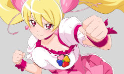 Rule 34 | 1girl, blonde hair, bouncing breasts, breasts, choker, closed mouth, collarbone, cure peach, earrings, fighting stance, fresh precure!, fuchi (nightmare), hair between eyes, hair ornament, heart, heart earrings, heart hair ornament, jewelry, large breasts, long hair, looking at viewer, magical girl, momozono love, pink choker, pink eyes, precure, smile, solo, twintails, wrist cuffs